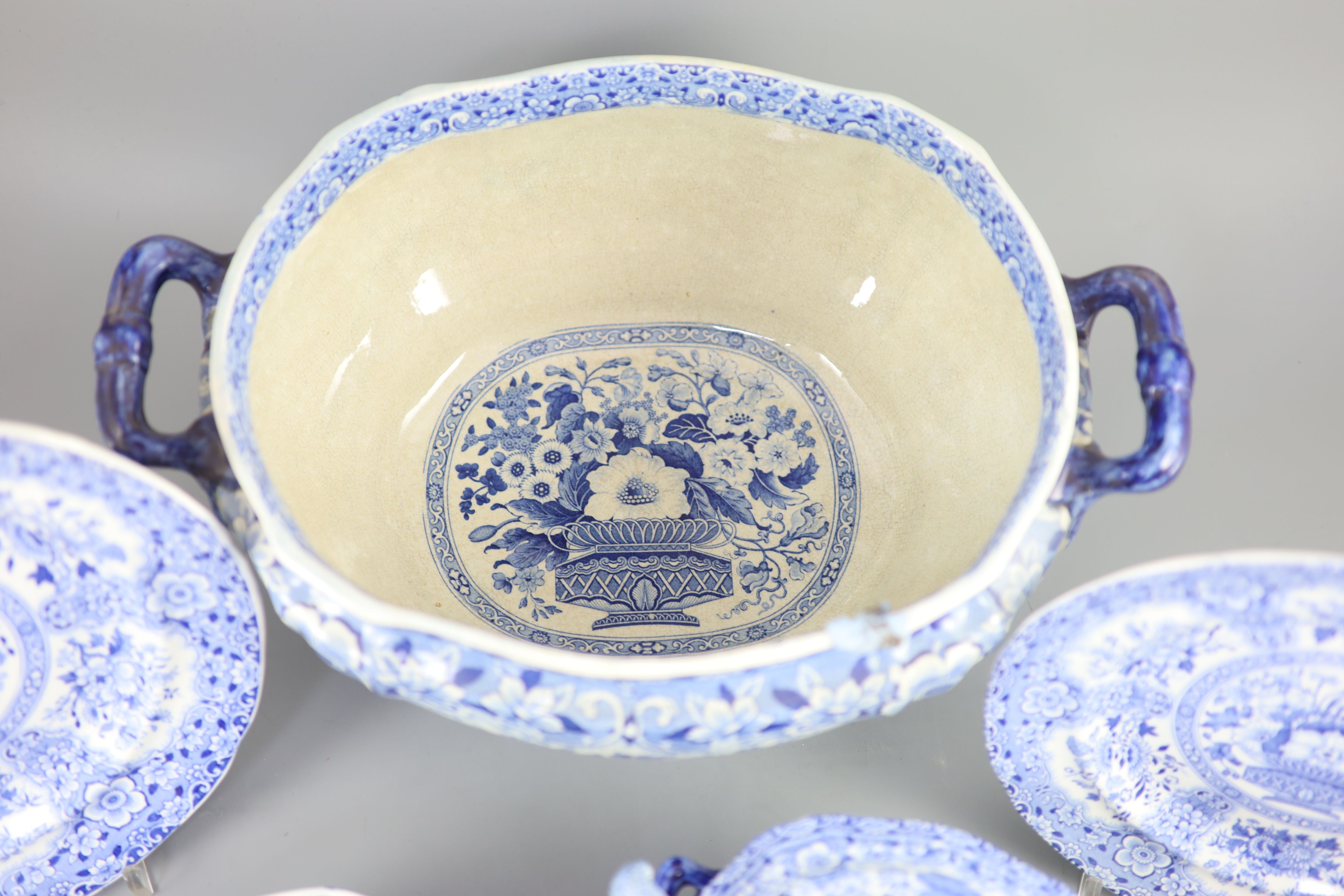 An extensive Minton filigree pattern blue and white dinner service, c.1830,